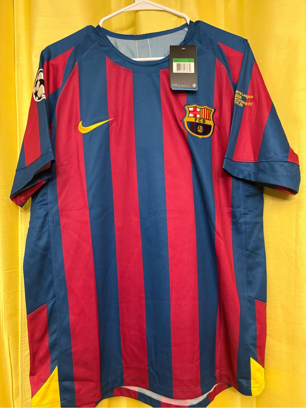 Nike Mens Blue and Red FC Barcelona Stripe Jersey with Yellow Swoosh